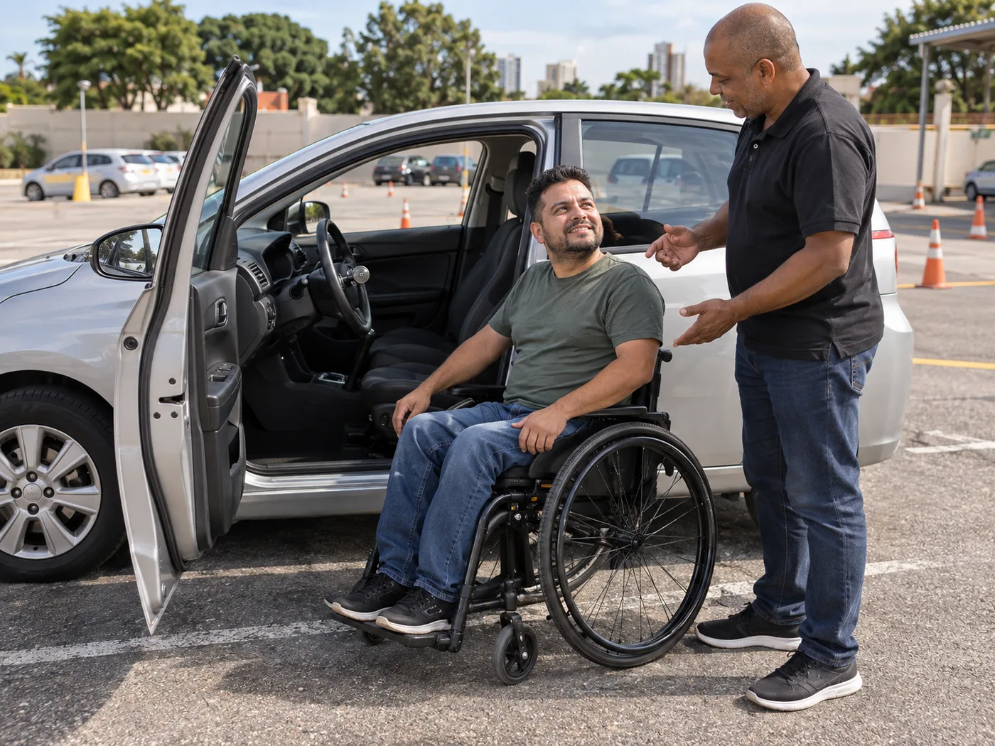 Instrutor orientando aluno com deficiência ao lado de carro adaptado
