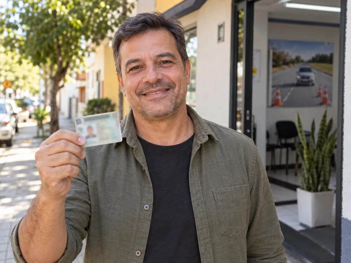 Homem satisfeito segurando a CNH renovada
